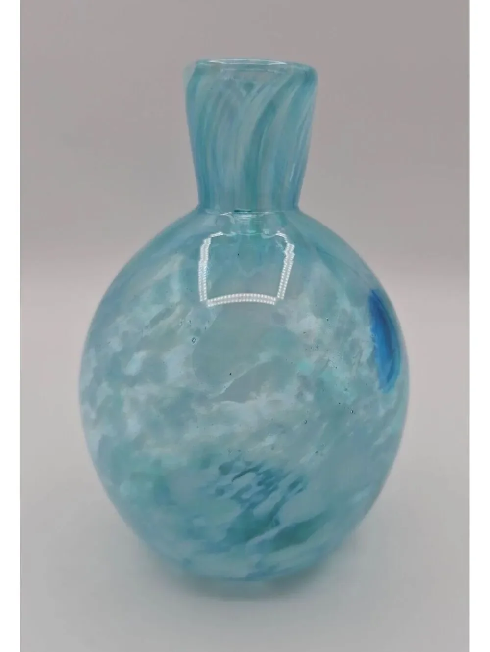 Taryn Jayne Signed Hand Blown Art Glass Vase Aqua Blue White Studio Glass